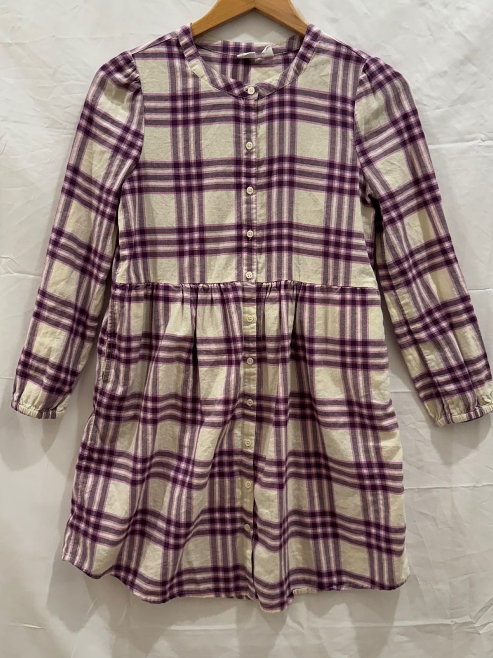 GAP Kids Girl Cream and Purple Plaid Button-Front Dress XXL